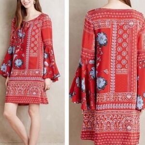 Anthropologie Vanessa Virginia Red Floral Silk Dress Bell Sleeves Bohemian Sz 0